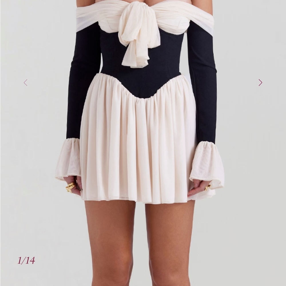 House of CB Alana Black and Cream Off Shoulder Dress